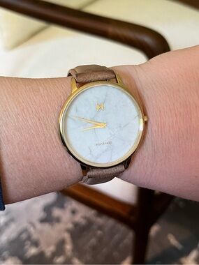 MVMT Women's Brown Leather Strap Watch with Gold and White Marble Face